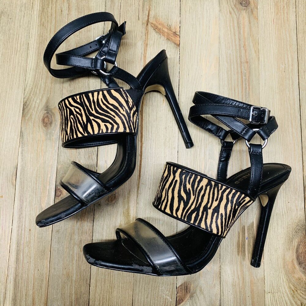 EXPRESS® Black Strappy Heels Tiger Animal Print Genuine Haircalf Size 9.US Women